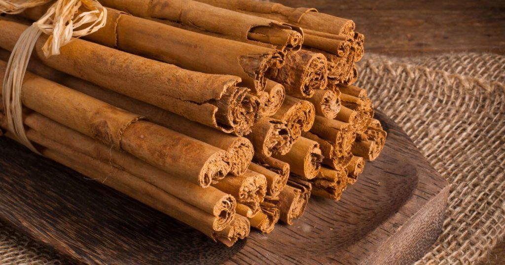 圖片中展示了捆綁好的肉桂棒，棕色的肉桂皮質感清晰可見，呈現出豐富的香料質感。