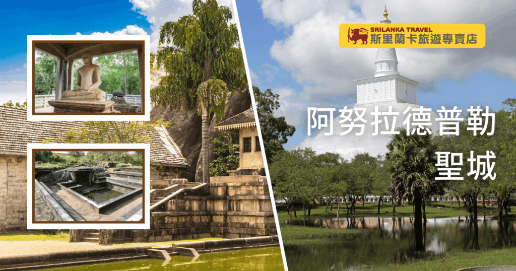 左側為阿努拉德普勒古都經典遺跡,包括靜坐佛像與古代石造水池,呈現佛教聖地的莊嚴氛圍與千年建築之美。右側為潔白壯觀的魯梵維利大塔(Ruwanwelisaya),搭配前方翠綠草地與水池,展現阿努拉德普勒聖城的悠久歷史與自然景觀。圖片色彩明亮,結合文化遺產與自然,適合用於介紹斯里蘭卡佛教聖地、阿努拉德普勒歷史景點與文化之旅主題文章或懶人包封面。