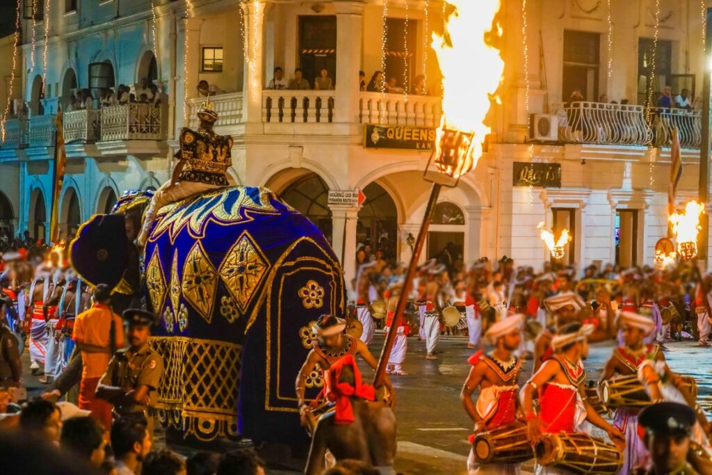 這張圖片展現了斯里蘭卡佛牙節的傳統舞蹈和文化表演。夜幕降臨，燈光璀璨，參與者穿著色彩鮮艷的服裝，手持火把，並有裝飾華麗的大象，彰顯佛牙節的熱鬧氛圍和宗教意義。