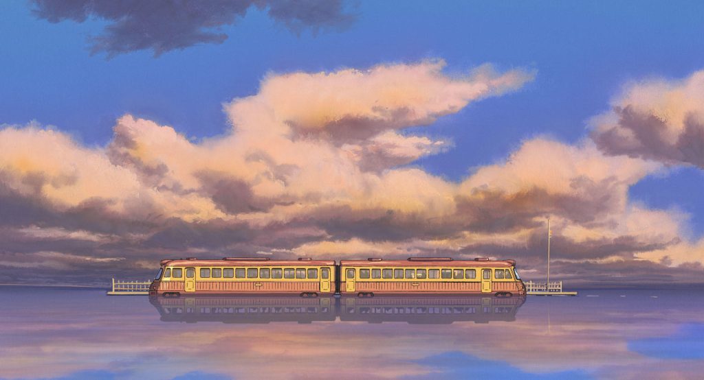 這張圖片展示了宮崎駿動畫《神隱少女》中，列車行駛在無盡海面上的場景，象徵著角色的奇幻旅程和成長過程。