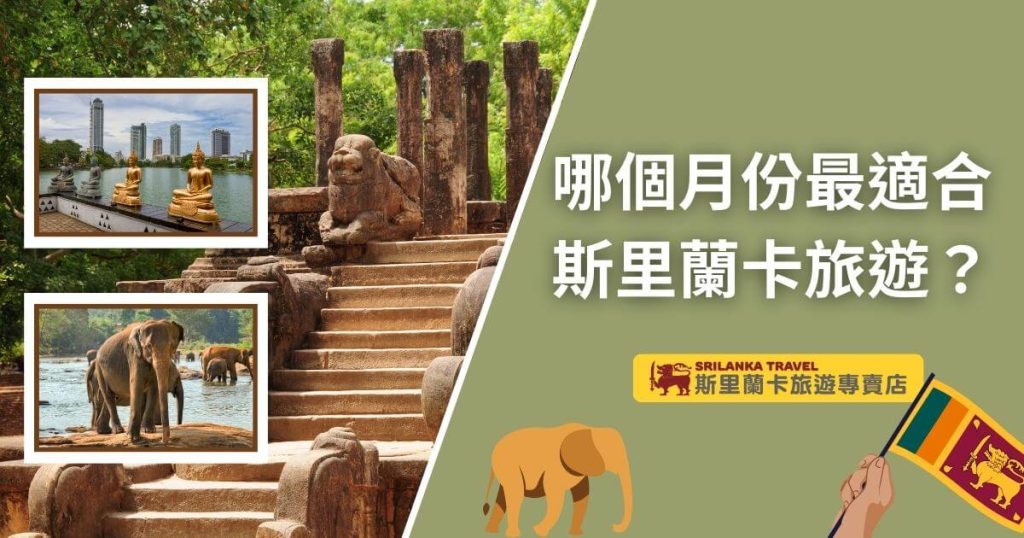 圖片顯示斯里蘭卡的著名景點，左側為科倫坡的佛像和城市景觀，底部是大象群行走在水中的景象，右側則展示古老石階與石獅雕塑。