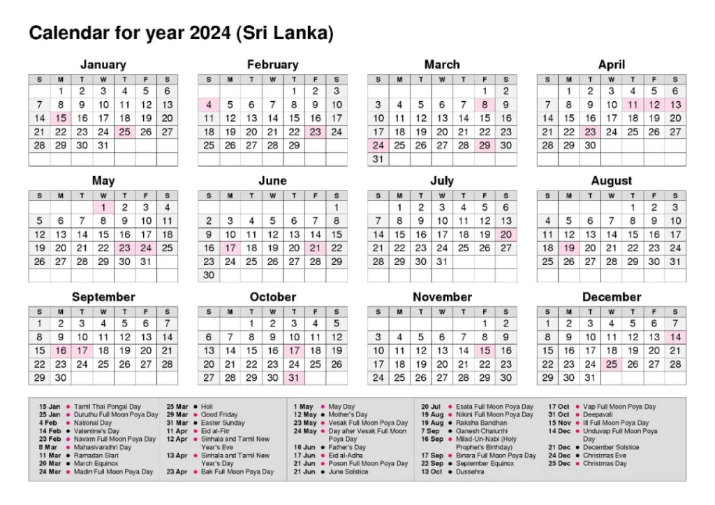 2024年斯里蘭卡的公共假期日曆,顯示每月的假期日期和名稱,包括重要的宗教和節慶日。