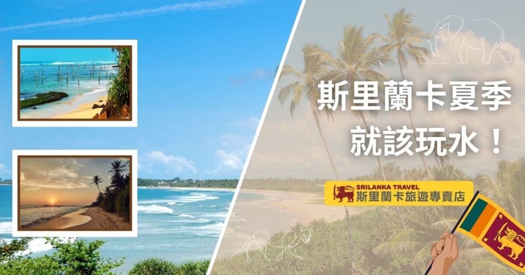 這張圖片展示了斯里蘭卡海灘的夏季風光，藍天與棕櫚樹形成完美搭配。左側插入了兩張斯里蘭卡海邊景色的縮圖，畫面整體充滿熱帶海灘的活力氛圍，吸引旅客前往斯里蘭卡度假。
