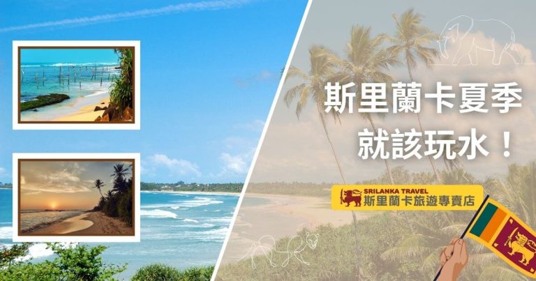這張圖片展示了斯里蘭卡海灘的夏季風光，藍天與棕櫚樹形成完美搭配。左側插入了兩張斯里蘭卡海邊景色的縮圖，畫面整體充滿熱帶海灘的活力氛圍，吸引旅客前往斯里蘭卡度假。
