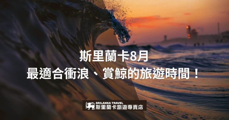 黃昏的海浪畫面，顏色深邃。標題寫著「斯里蘭卡8月最適合衝浪、賞鯨的旅遊時間！」左下方顯示斯里蘭卡旅遊專賣店的標誌。